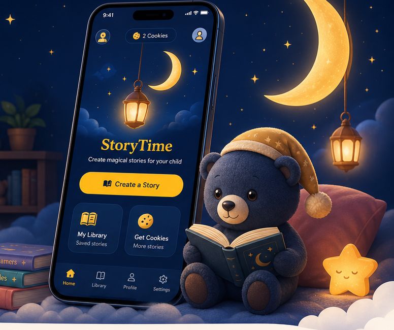 StoryTime app preview with a moonlit bear and phone screen